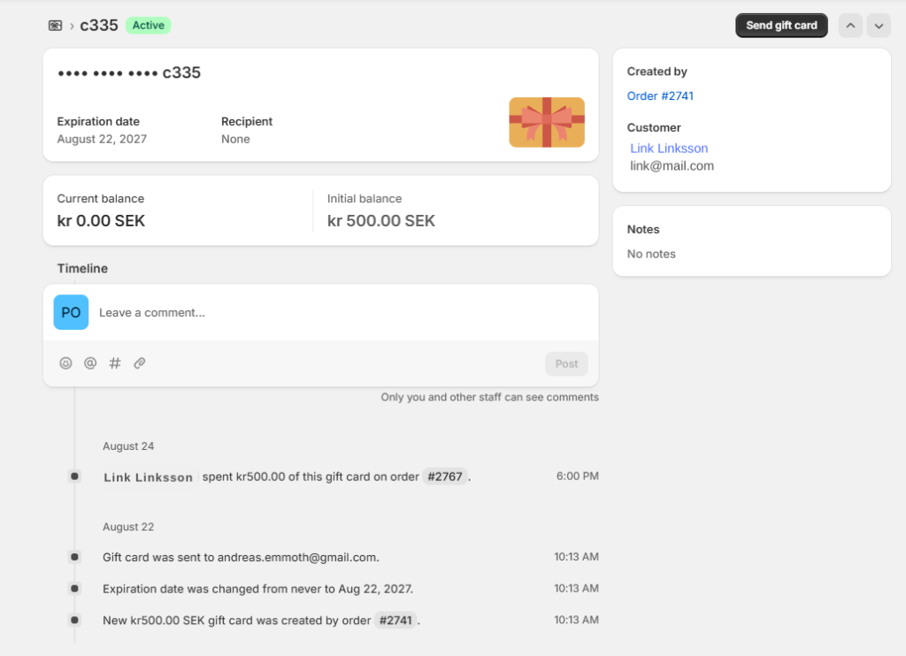 En kund i Shopify som har handlat med presentkort.